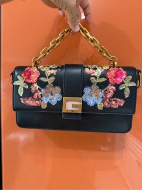 GUESS Black Shoulder Bag with Floral Sequin Embellishments